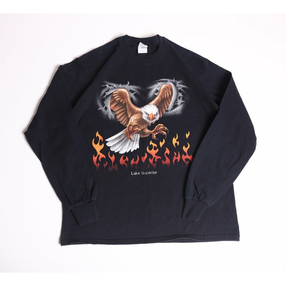 Vintage Y2K Lake Superior Eagle Flames Long Sleeve Shirt Black Large Graphic Tee